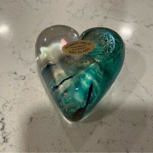 Robert Held heart paperweight-signed iridescent blue swirl glass original label